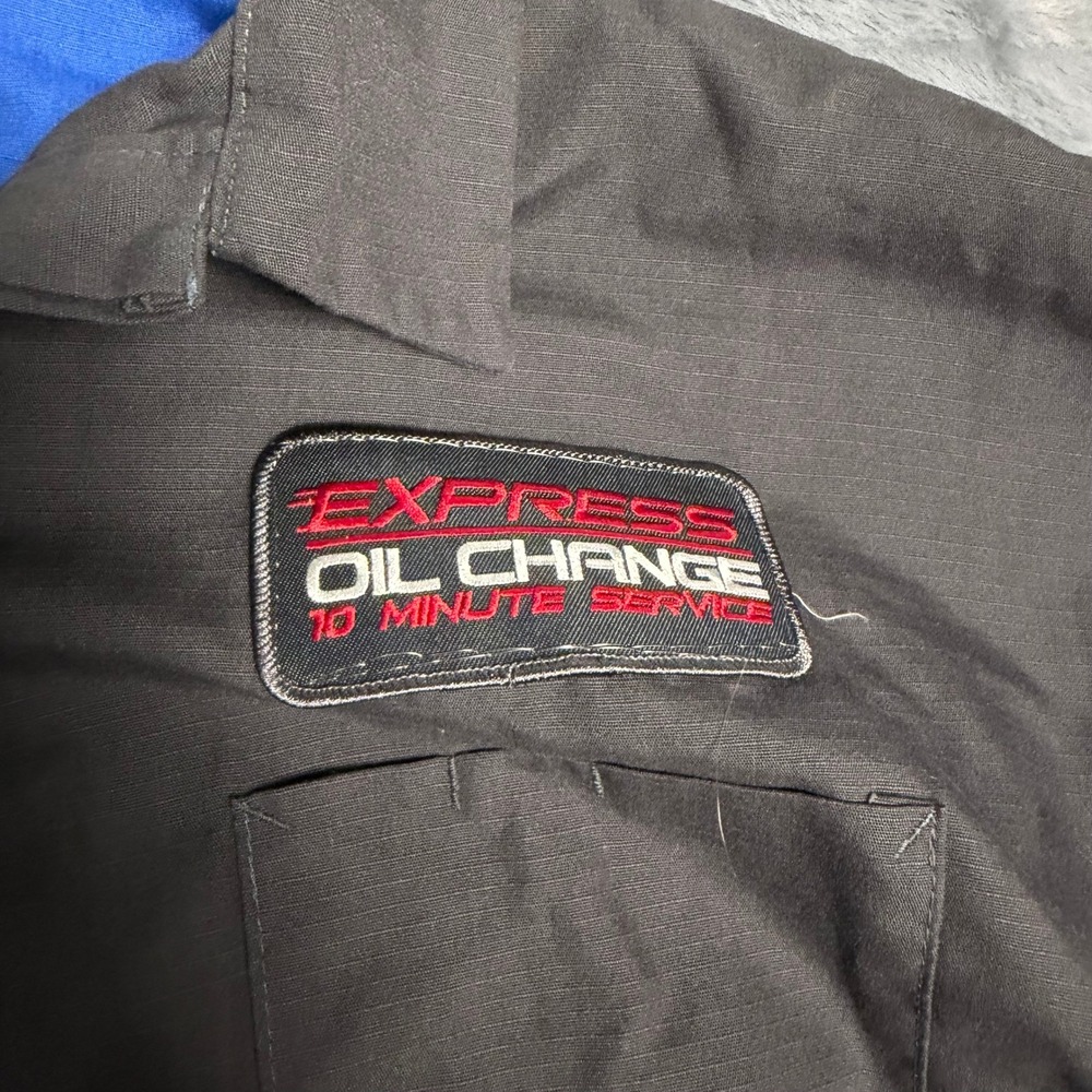 UniFirst UniWeave Mens Mechanic Work Shirt 18.5 Grey Blue Express Oil Change - Picture 4 of 9